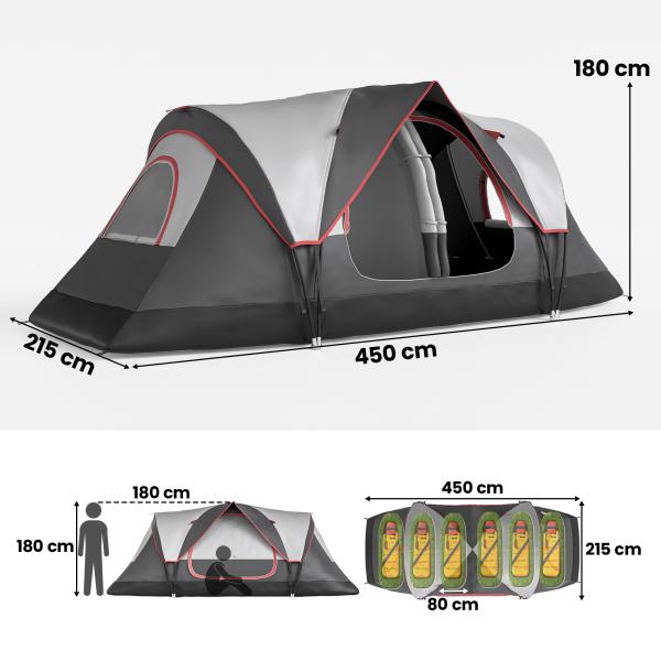 Tenda de Campismo Familiar para 5 - 6 Pessoas Dobrável com 2 Quartos e Bolsa de Transporte Impermeável 450x215x180 cm Cinza