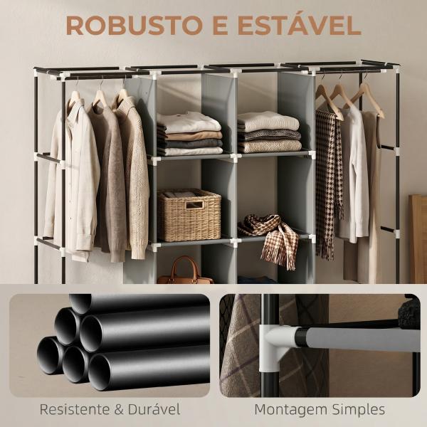 Armário de Tecido Portátil com Rodas, 10 Compartimentos, Espaço para Pendurar Roupa e Estrutura em Aço, Cinzento Escuro