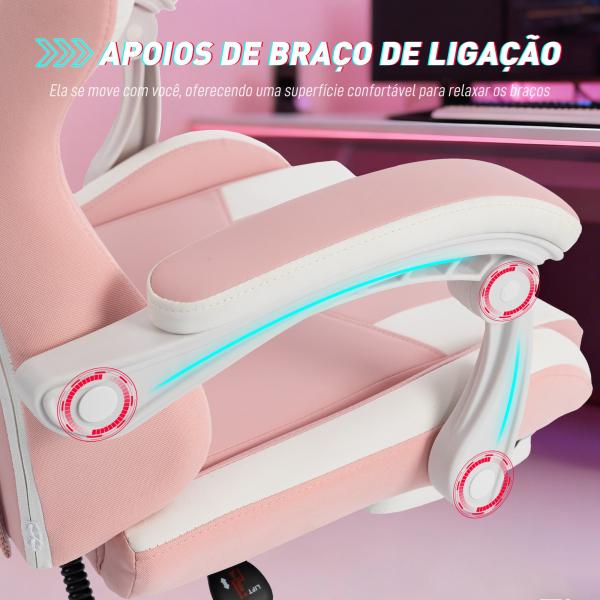 Cadeira Gaming com Orelhas de Gato, Encosto Reclinável 90 - 135°, Apoio para os Pés Retrátil, Almofada Lombar e Apoio de Cabeça - Rosa