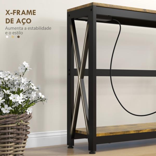 Mesa Consola de Estilo Industrial Mesa de Entrada de 2 Níveis com Estação de Carregamento 100x24x75 cm Castanho Rústico