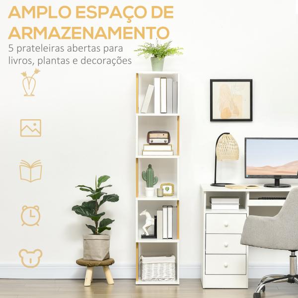 Estante de Livros em Forma de S Estante com 5 Prateleiras Abertas para Sala de Estar Escritório Anti - Tombo 33x28x161cm Branco