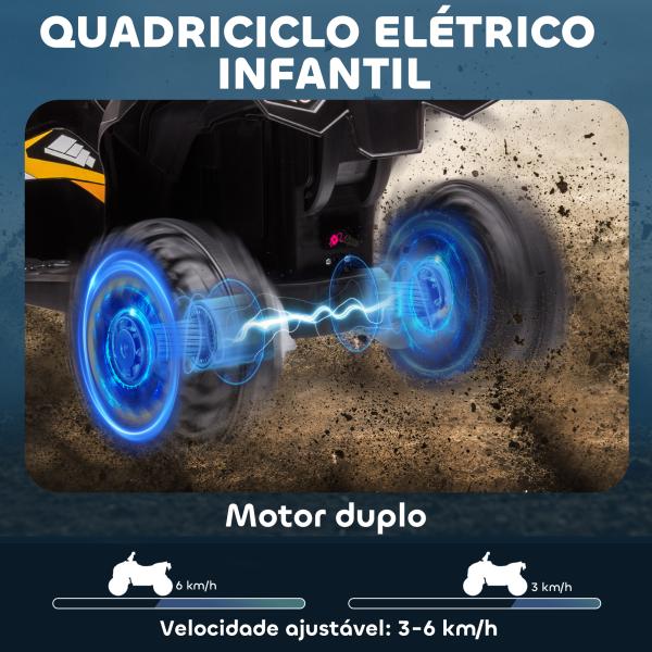 Quadriciclo Elétrico para Crianças de 3 - 5 Anos Veículo Eléctrico a Bateria 12V com 2 Motores 83x53x55,5 cm Amarelo