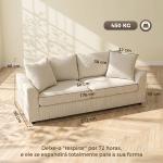 Sofá de 3 Lugares Moderno 212x80x88 cm Sofá Sala de Estar Estofado com 2 Almofadas Apoio de Braços e Estrutura de Aço Creme