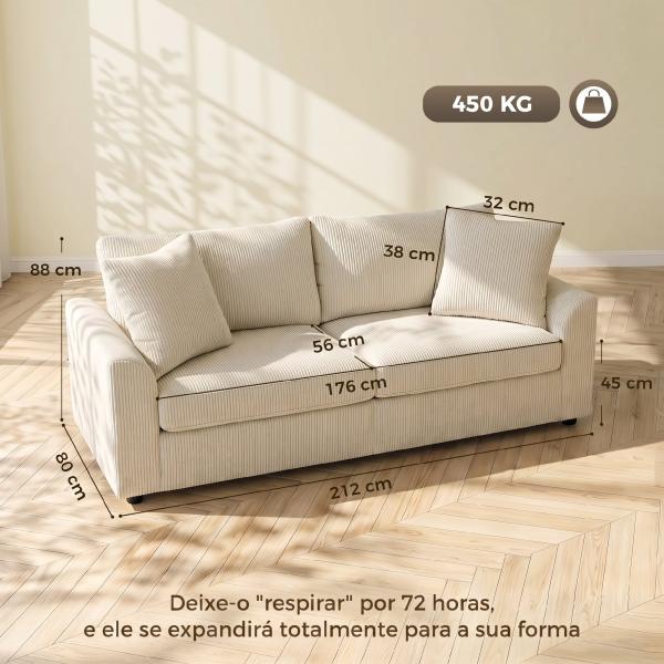 Sofá de 3 Lugares Moderno 212x80x88 cm Sofá Sala de Estar Estofado com 2 Almofadas Apoio de Braços e Estrutura de Aço Creme