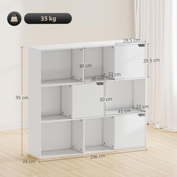 Estante para Livros de 3 Níveis com 9 Cubos, 3 Portas e 6 Compartimentos Abertos, 106x24x95 cm, Branco
