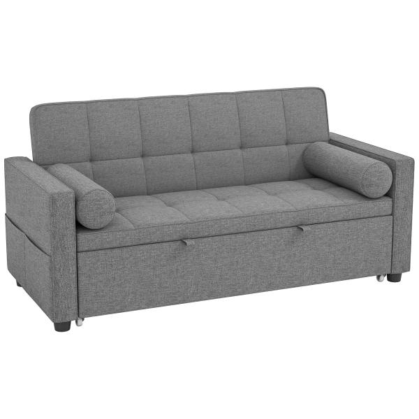 Sofá - Cama 2 Lugares 3 em 1 Deslizante em Tecido Linho com Encosto Ajustável Bolsos 2 Almofadas para Sala de Estar Cinzento