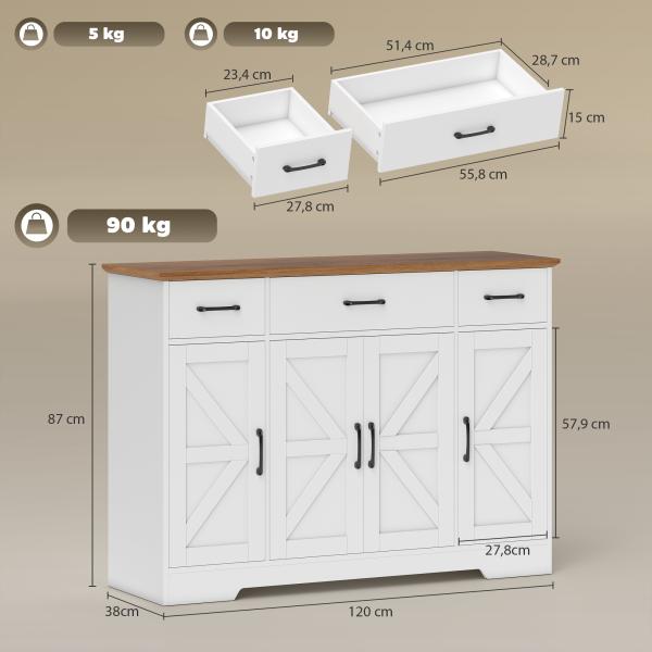 Aparador de Cozinha Rústico 4 Prateleiras de Porta Prateleiras Ajustáveis 3 Gavetas 120x38x87 cm Branco e Nogueira