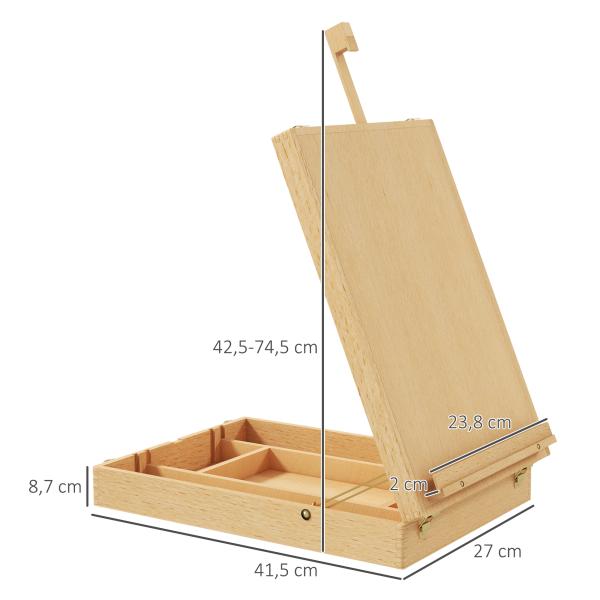 Cavalete de Mesa Ajustável em Madeira de Faia com 5 Compartimentos Prancha de Desenho e Esboços Dobrável 27x41,5x42,5 - 74,5 cm Madeira