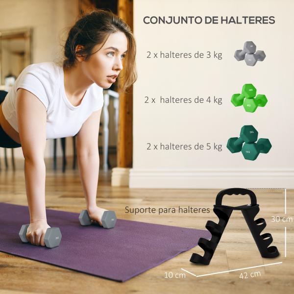 Conjunto de Halteres 2 x 3kg 2 x 4kg e 2 x 5kg Halteres Hexagonais com Suporte de Armazenamento para Treino Multicor