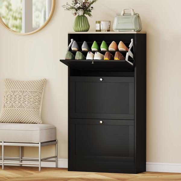 Móvel Sapateira de Entrada com 3 Gavetas Basculantes e Prateleiras Ajustáveis para 18 Pares de Sapatos 60x23,5x115 cm Preto