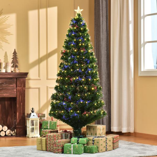Árvore de Natal 180 cm Árvore de Natal Artificial com Luzes LED Fibra Óptica 230 Ramos de PVC e Suporte Metálico Ø82x180 cm Verde