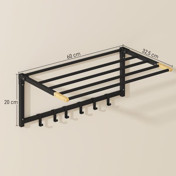 Toalheiro de Parede Dobrável com 5 Barras e 6 Ganchos Suporte para Toalhas para Casa de Banho Dobrável e Compacto 60x32,5x20 cm Preto