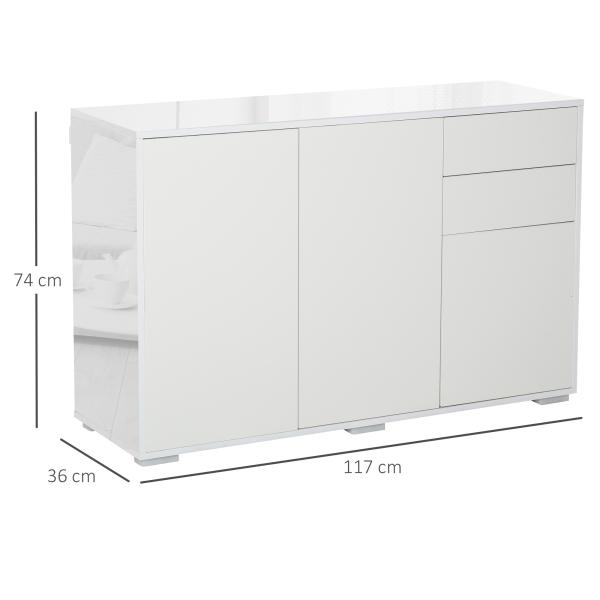 Aparador de Sala de Estar com 3 Portas 2 Gavetas e Prateleira Interior Ajustável Móvel Auxiliar de Armazenamento para Cozinha Dormitório Anti - Rolamento 117x36x74cm Branco