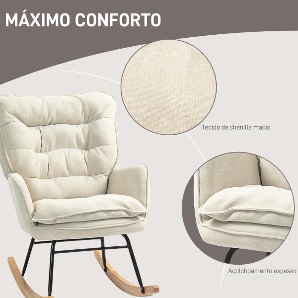 Poltrona Baloiço Estofada em Chenilla com Pés de Madeira de Faia e Apoio para os Braços para Lactância 71x98,5x97 cm Bege