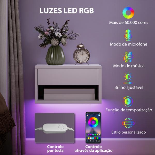 Conjunto de 2 Mesas de Cabeceira Flutuantes com Luzes LED RGB Controlo por APP e Prateleira Aberta 37x32x21 cm Branco