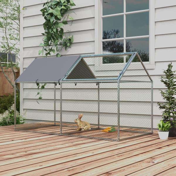 Gaiola para Pequenos Animais de Aço com 1 Porta Superior e Cobertura Anti - UV para Exterior Jardim 198x100x120 cm Prata