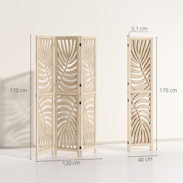 Biombo de 3 Painéis Separador de Ambientes Dobrável 120x170 cm com Estampado de Folhas de Palmeira Tropical Madeira