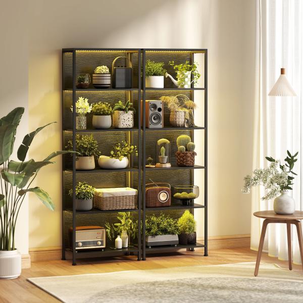 Estante de 5 Níveis com Luzes LED de 7 Cores Estante para Livros Estante de Estilo Industrial 60x30x179 cm Preto