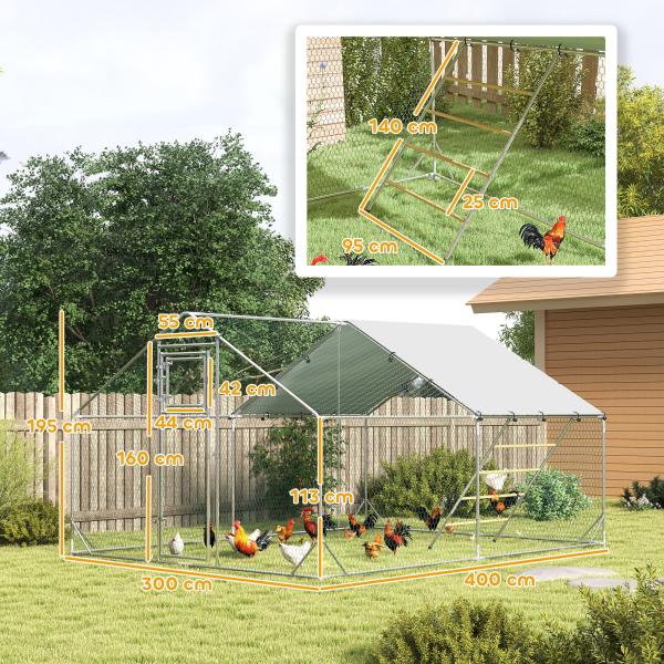 Galinheiro para Exterior 3x4 m Galinheiro de Aço Galvanizado com Comedouro Suspenso Tipo Espeto Poleiro Anti - UV Prata
