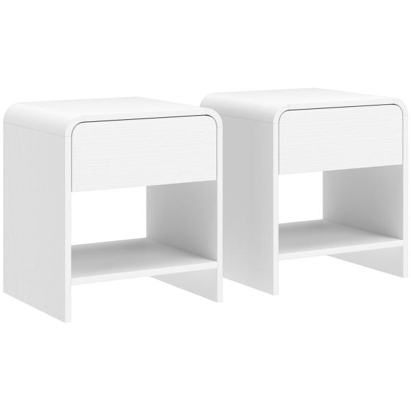 Conjunto de 2 Mesas de Cabeceira Nórdicas com Cantos Arredondados, Gaveta e Prateleira Aberta 40x35x45 cm Branco