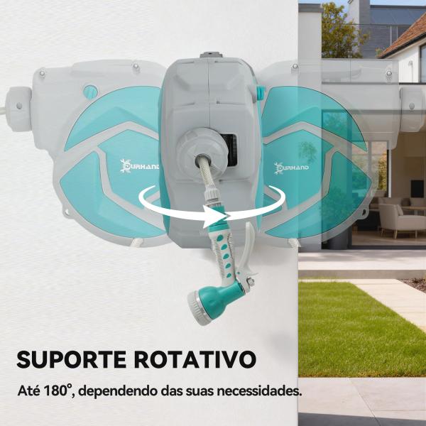 Mangueira Retrátil de Parede com Enrolador de 10+1 m com Enrolamento Automático e Bico de 7 Funções Gira 180°