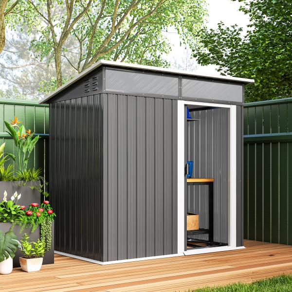 Abrigo de Jardim 1,9m² 195x122x182 cm com Base Reforçada (Chão NÃO Incluído) Porta Corredera Janelas Abrigo de Ferramentas Cinza Escuro