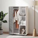 Roupeiro com Rodas, Cortina, Barra para Pendurar Roupa e 3 Prateleiras Abertas para Quarto, 80x40x128 cm, Branco
