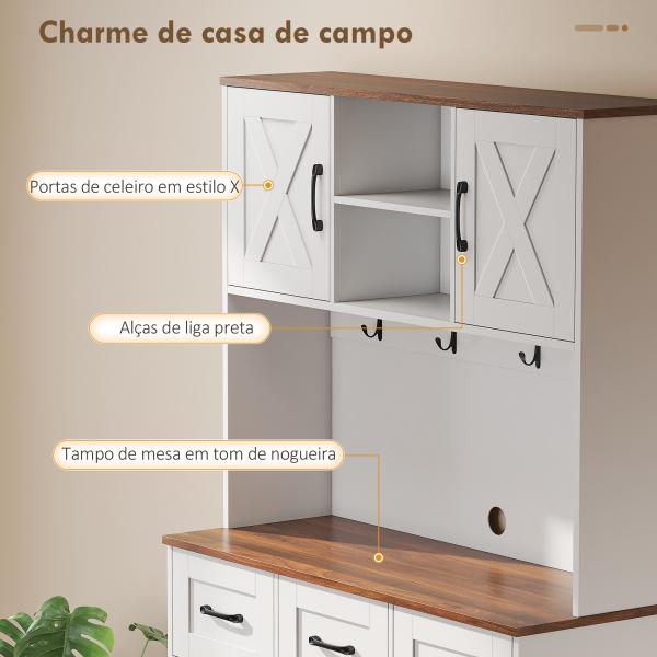 Amário de Cozinha Alto com Suporte para 8 Garrafas 4 Portas 3 Gavetas Prateleiras Abertas100x38x172 cm Branco