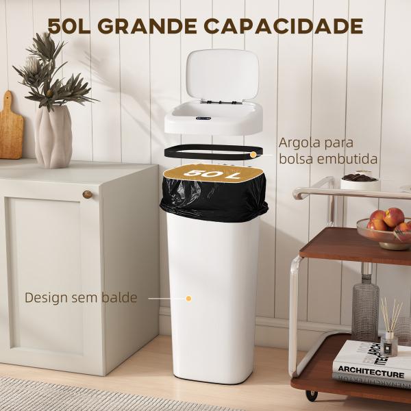 Balde de Lixo Automático 50L Estreito em Aço Inoxidável com Sensor Infravermelhos Modo Manual 33x25x84 cm Branco