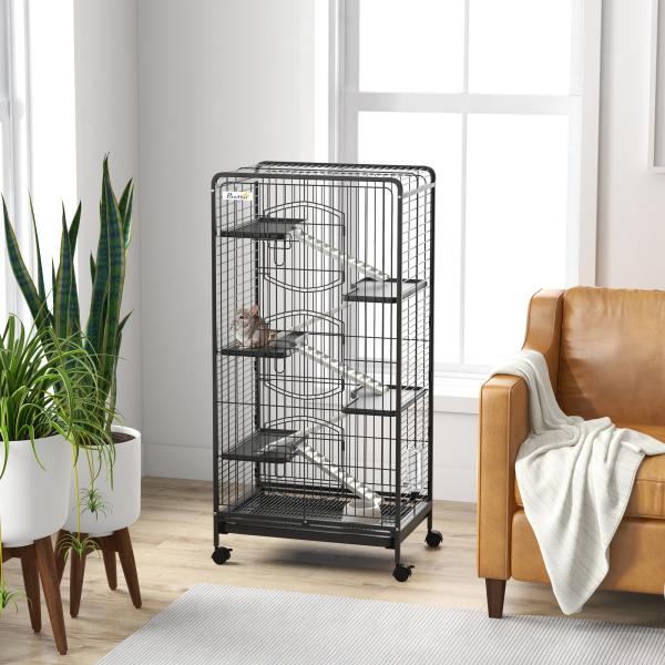 Gaiola para Pequenos Animais com 6 Níveis Gaiola para Roedores com Rodas Rampa e Bandeja Amovível 61,5x44x131 cm Preto
