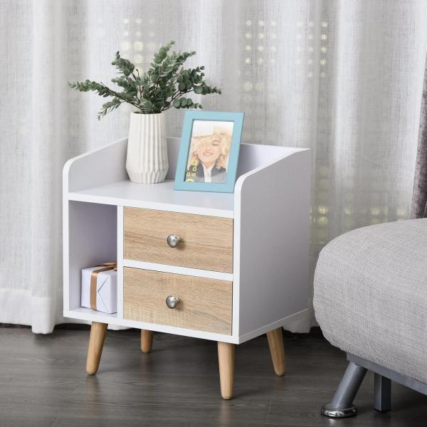 Mesa de Cabeceira com 2 Gavetas Grandes 1 Prateleira Aberta e Pés Elevados Estilo Nórdico 43x30x49 cm Branco e Madeira