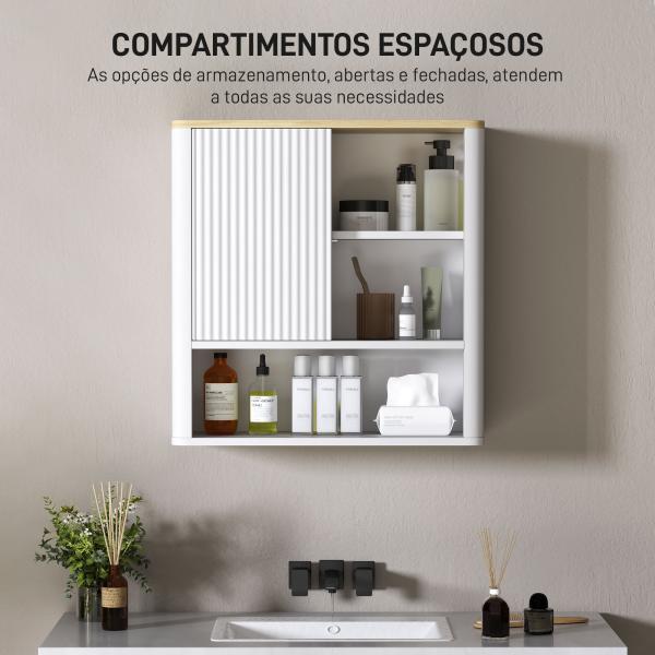 Armário de Parede para Casa de Banho com Porta Deslizante 5 Compartimentos e Prateleiras Ajustáveis 60x20x62 cm Branco