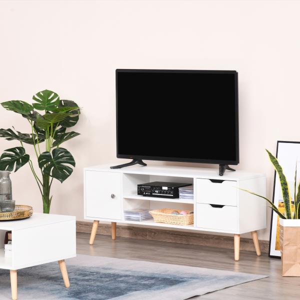 Armário de TV Grande armazenamento com armário prateleiras e gavetas abertas Carga 30 kg 120x28x44 cm Branco