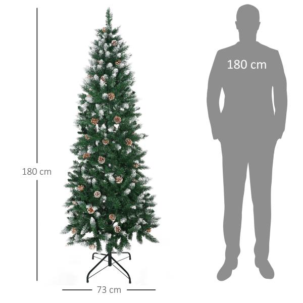 Árvore de Natal Artificial Nevada 180 cm com 508 Ramos 49 Pinhas Base Dobrável e Suporte de Aço Ø73x180 cm Verde e Branco