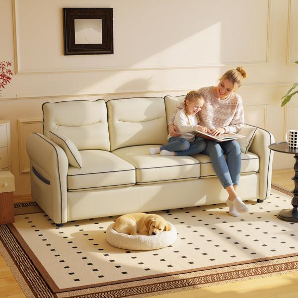 Sofá de 3 Lugares Sofá de Sala Moderno 190x85x80 cm Estofado em Couro Sintético com Bolso Lateral e 2 Almofadas Bege