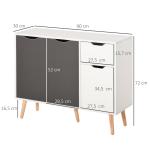 Aparador Móvel Auxiliar de Armazenamento com 2 Armários de Porta Gaveta Pés de Madeira 90x30x72 cm Cinza e Branco