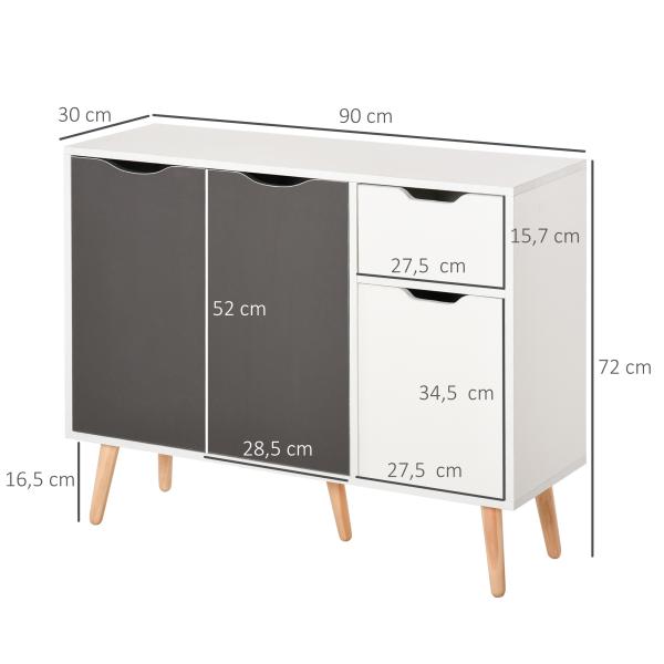 Aparador Móvel Auxiliar de Armazenamento com 2 Armários de Porta Gaveta Pés de Madeira 90x30x72 cm Cinza e Branco