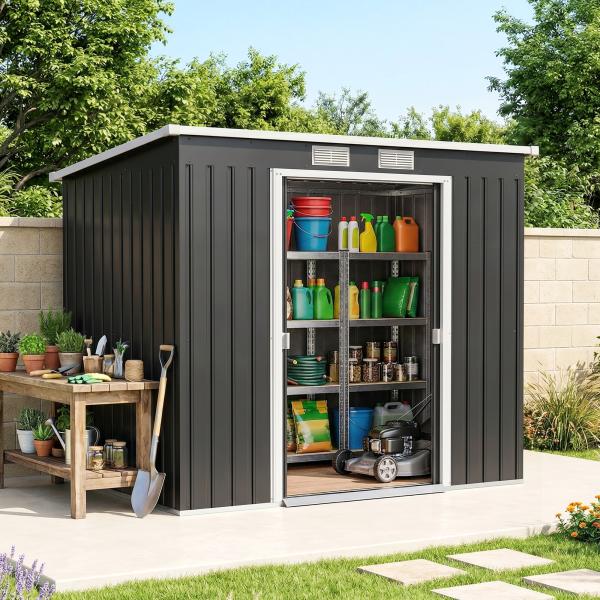 Abrigo de Jardim 213x130x173 Abrigo de Exterior de Aço Galvanizado com Porta Corredeira para Armazenamento Cinza Escuro
