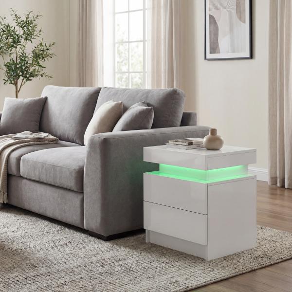 Mesa de Cabeceira com Luz LED Mesa de Cabeceira Painel de Alto Brilho 2 Gavetas e Controlo 45x35x52 cm Branco