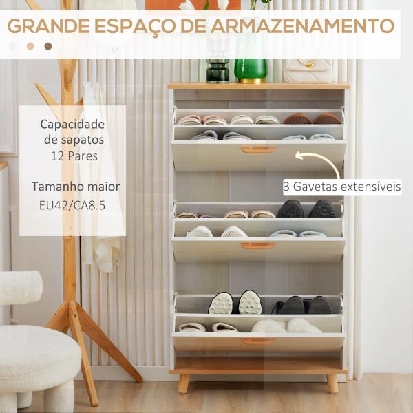Sapateira Moderna com 3 Gavetas Abatíveis para 12 Pares de Sapatos e Prateleira Ajustável 70x23,5x122cm Branco Envelhecido