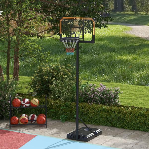Tabela de Basquetebol de Exterior com Altura Ajustável 235 - 264 cm Suporte para Bola Rodas e Base Recarregável Preto