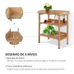 Mesa de Plantação em Madeira de 3 Níveis Mesa de Jardinagem com Placa Metálica 2 Prateleiras e Ganchos 76x37x89 cm Madeira