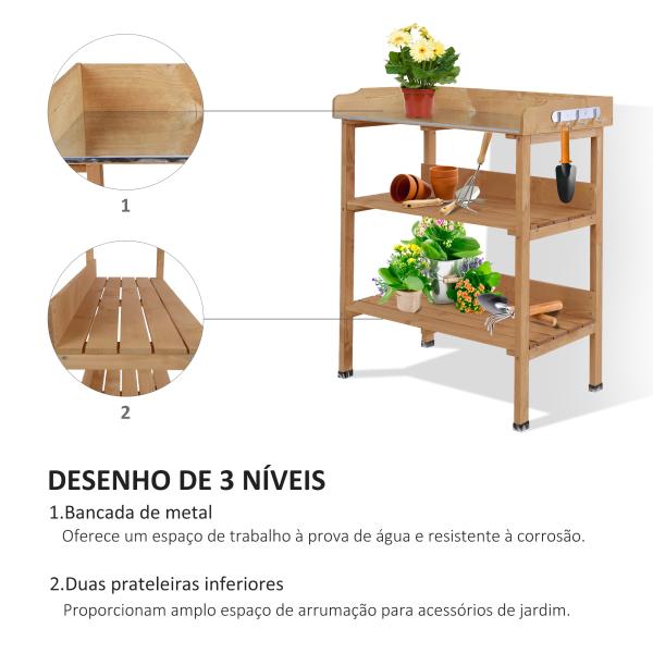 Mesa de Plantação em Madeira de 3 Níveis Mesa de Jardinagem com Placa Metálica 2 Prateleiras e Ganchos 76x37x89 cm Madeira