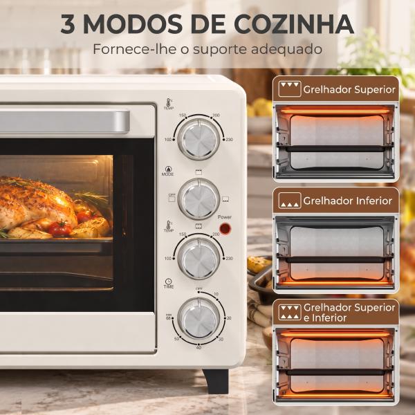 Forno Elétrico de Bancada 32L 1600W com 3 Modos de Calor, Temporizador e Temperatura Regulável, 52,2x38,1x33,5 cm, Creme
