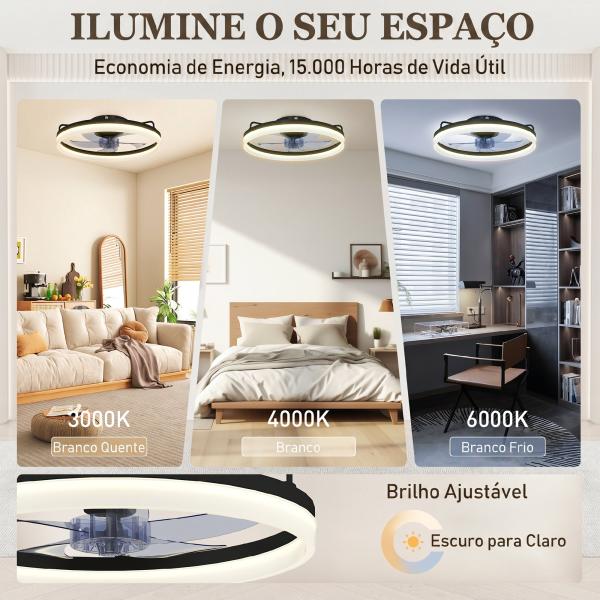 Ventoinha de Teto com Luz LED 40 W Motor DC Reversível Comando Remoto 6 Velocidades 3 Cores Temporizador Preto