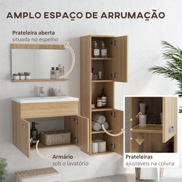Conjunto de Móveis Casa de Banho 3 Peças com Espelho Móvel com Lavatório Cerâmico e Coluna de Casa de Banho Madeira