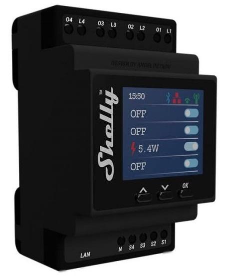 Módulo p/ Calha DIN c/ 4 Relés para Automação Wi - Fi/Bluetooth/LAN - 4x 16A - Shelly Pro 4PM V2