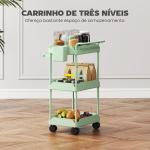 Carrinho Auxiliar com Rodas de 3 Níveis com Cestos Extraíveis Suporte para Toalhas e Estrutura de Metal 42x42,5x76 cm Verde
