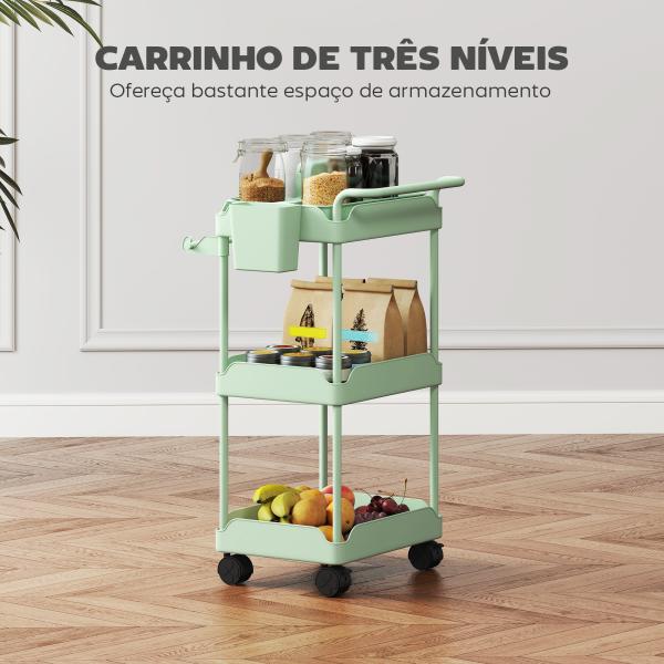 Carrinho Auxiliar com Rodas de 3 Níveis com Cestos Extraíveis Suporte para Toalhas e Estrutura de Metal 42x42,5x76 cm Verde