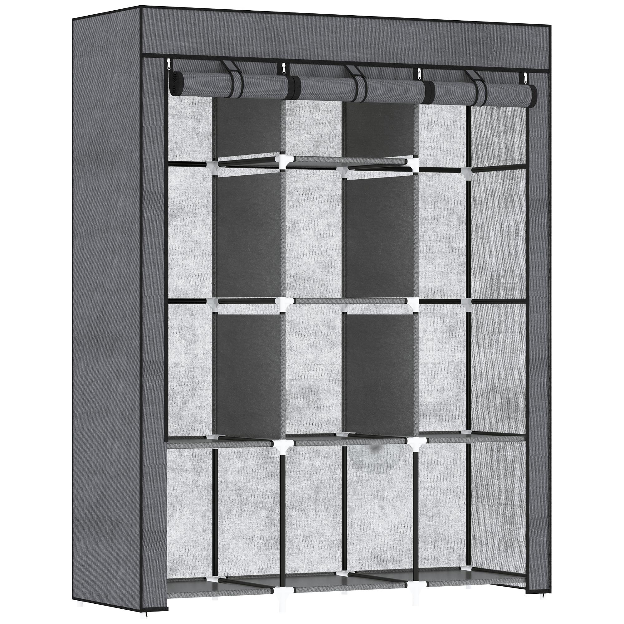 Roupeiro de Tecido Dobrável com 8 Prateleiras de Armazenamento e 2 Barras de Pendurar 125x43x162,5 cm Cinzento